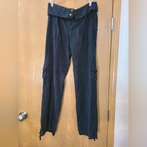 London Jean Black Chinos Belted Fold Waist Cargo Pocket Pants